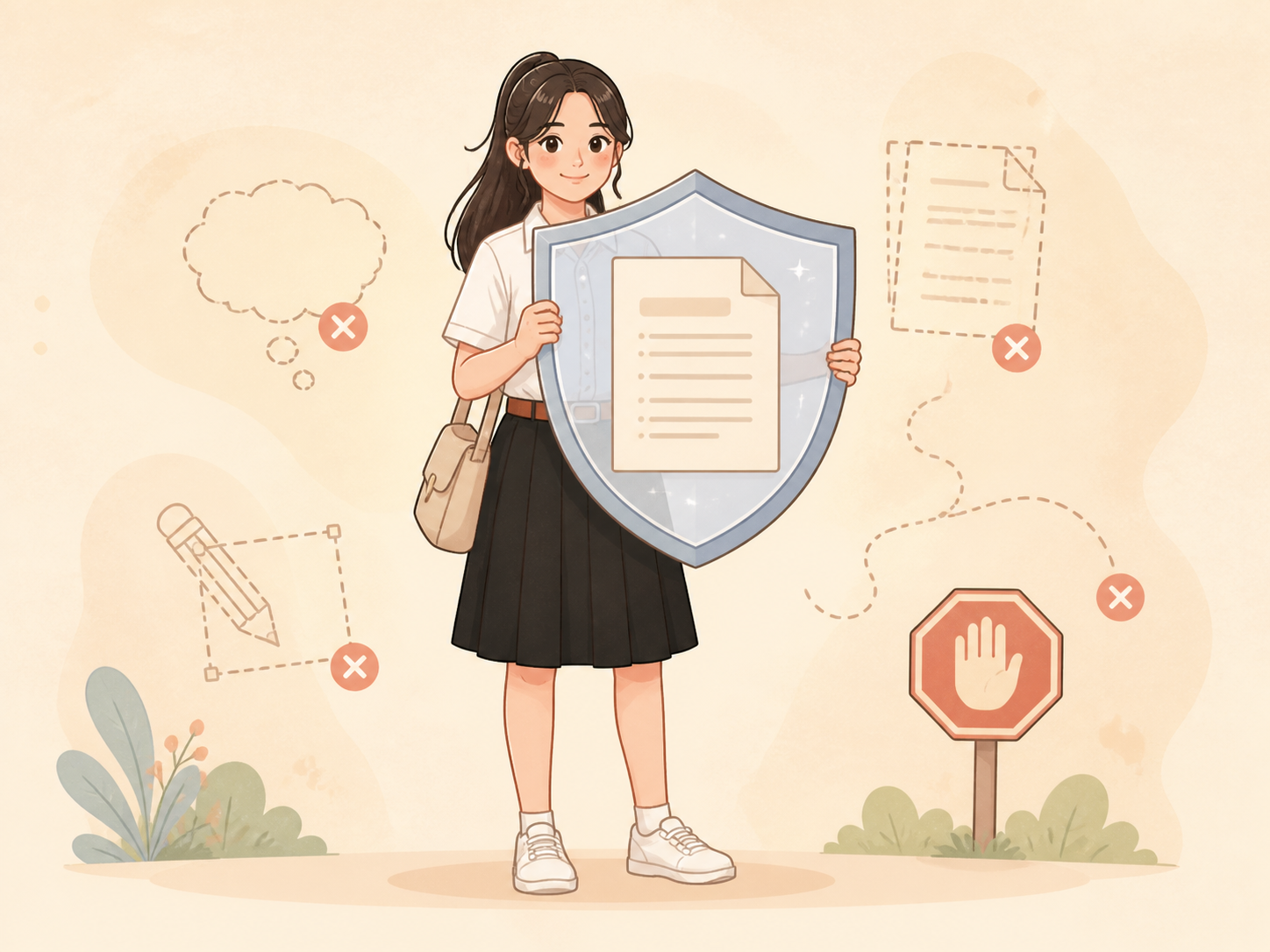 ตัวละครหญิงใช้โล่ปกป้องเอกสารจากสิ่งที่อยู่นอกขอบเขต