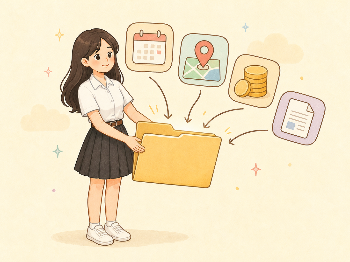 ตัวละครหญิงรวบรวมข้อมูลที่จำเป็นลงในแฟ้ม