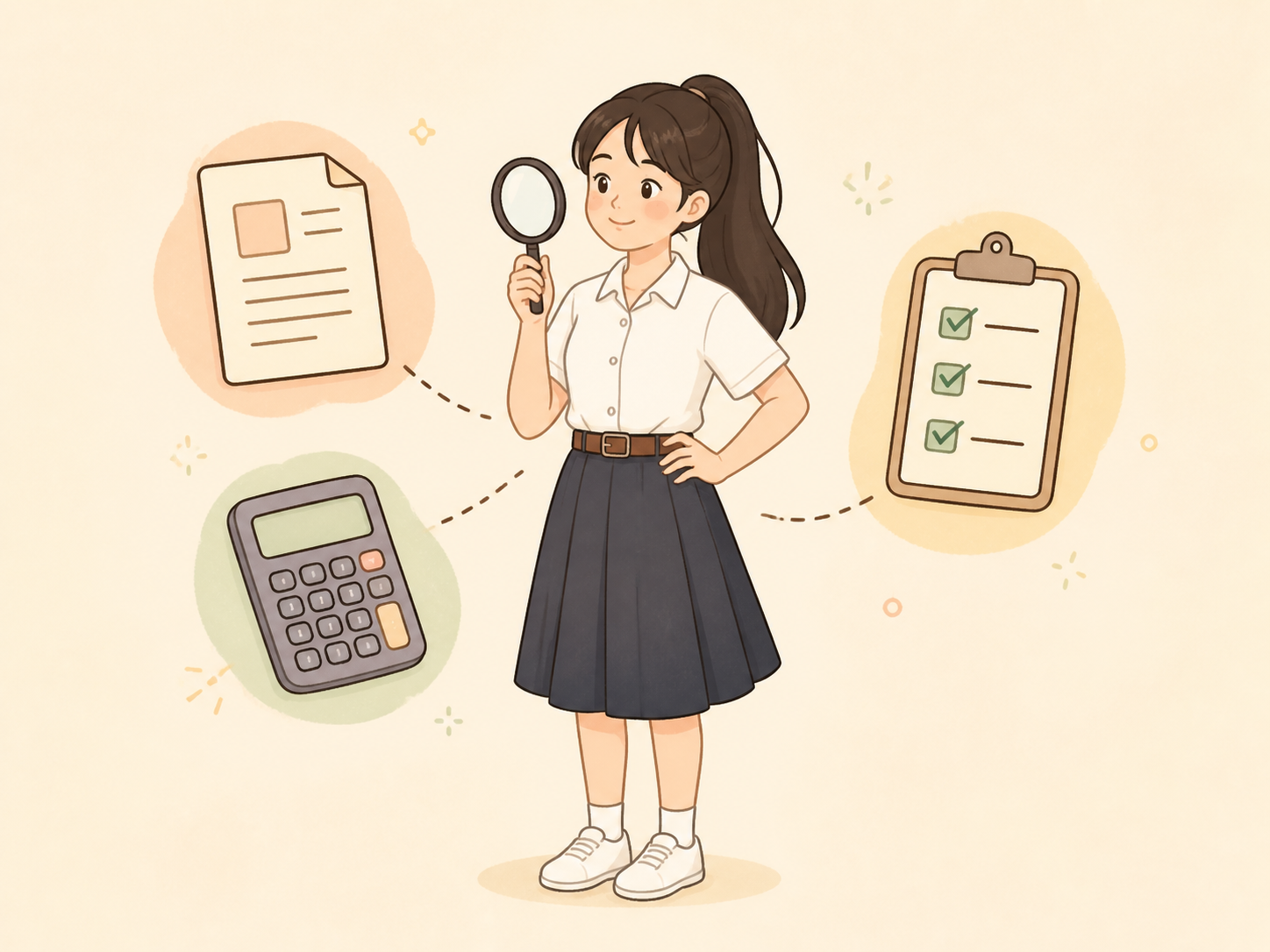 ตัวละครหญิงใช้แว่นขยายตรวจเอกสาร ตัวเลข และรายการตรวจ