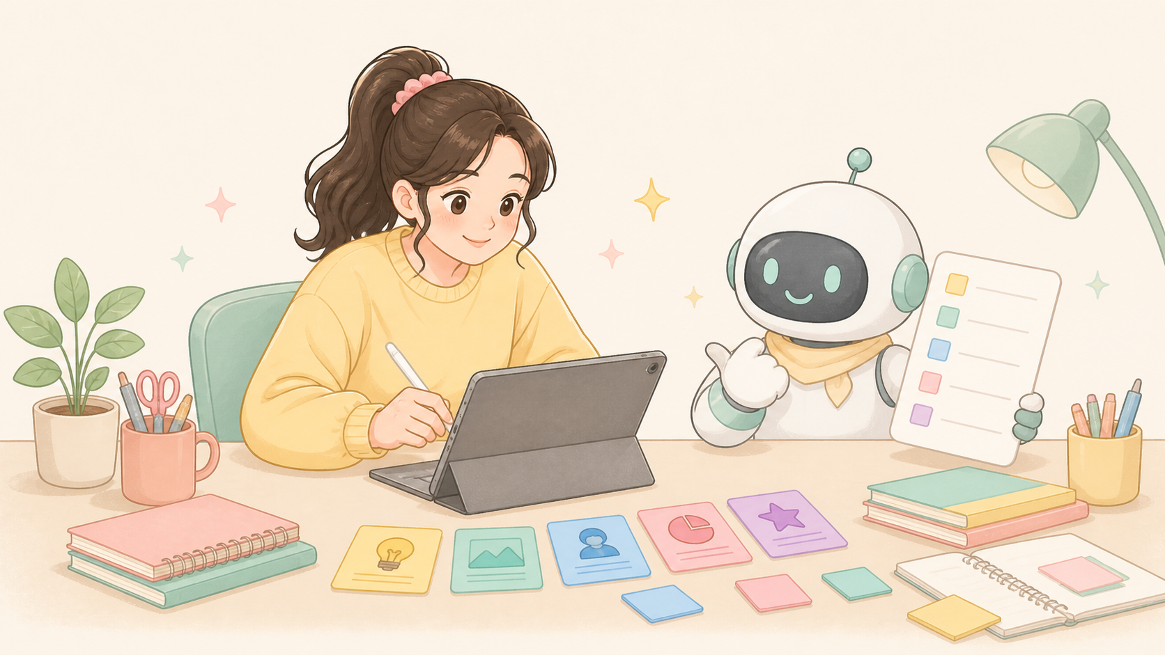 ตัวละครนักศึกษาหญิงยิ้มขณะใช้ iPad โดยมีหุ่น AI ช่วยจัดงานและรายการตรวจ
